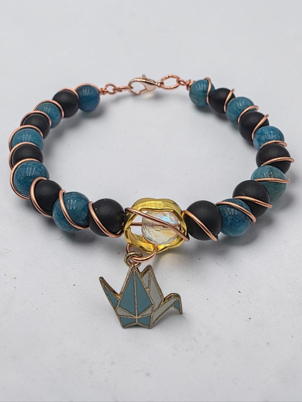 Blue & Black Beaded Bracelet with Origami Crane Charm Handmade Boho Jewelry